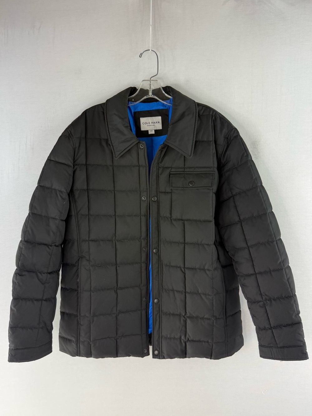 Cole Haan Signature Black Men’s Box Quilted Puffer Shirt Jacket with Blue Lining